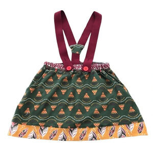 Jelly The Pug Girls size 7 Fall Boho Skirt with suspenders Feather Fall Green